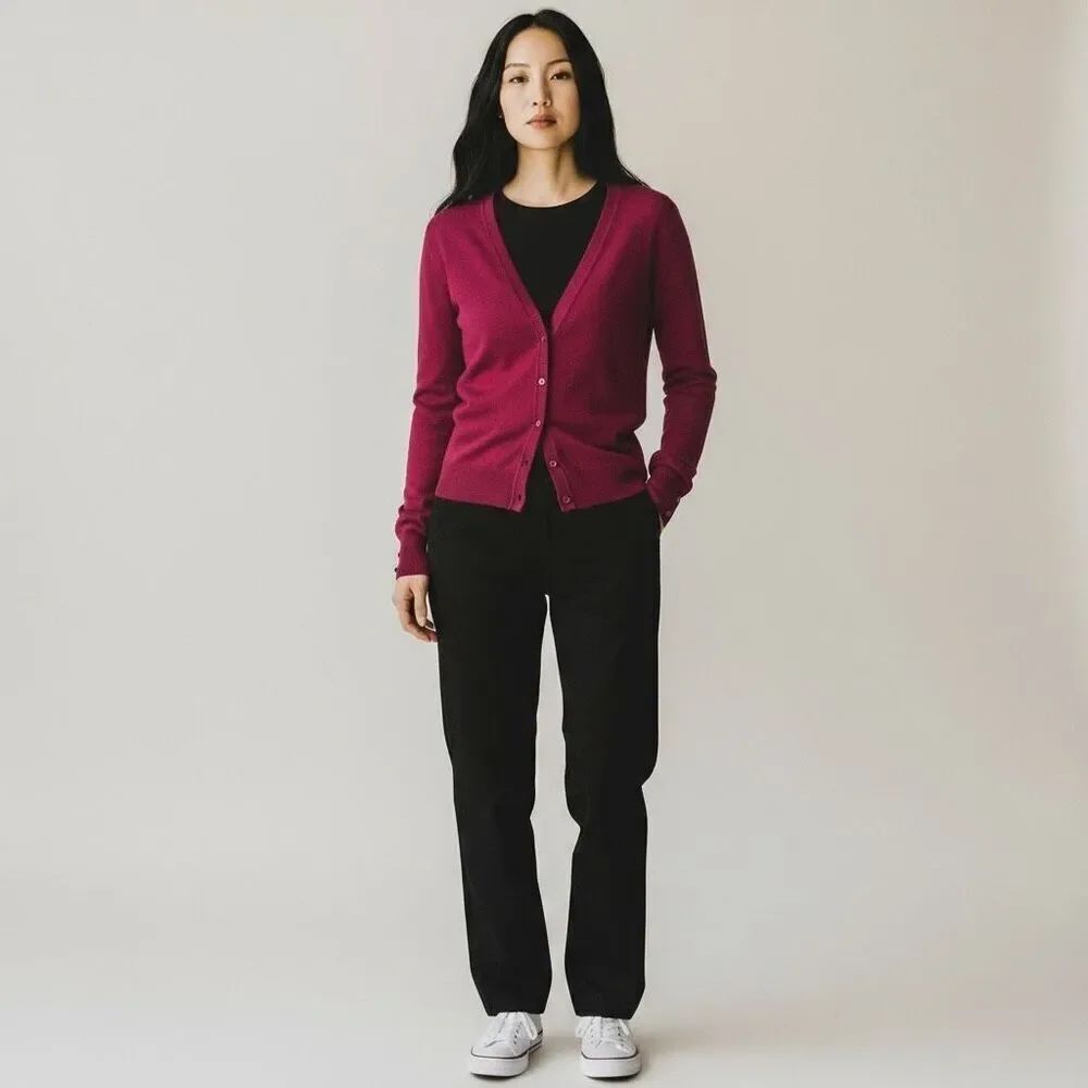 Ambiance Solid Maroon Burgundy V Neck Button Down Sweater Long Sleeve size M